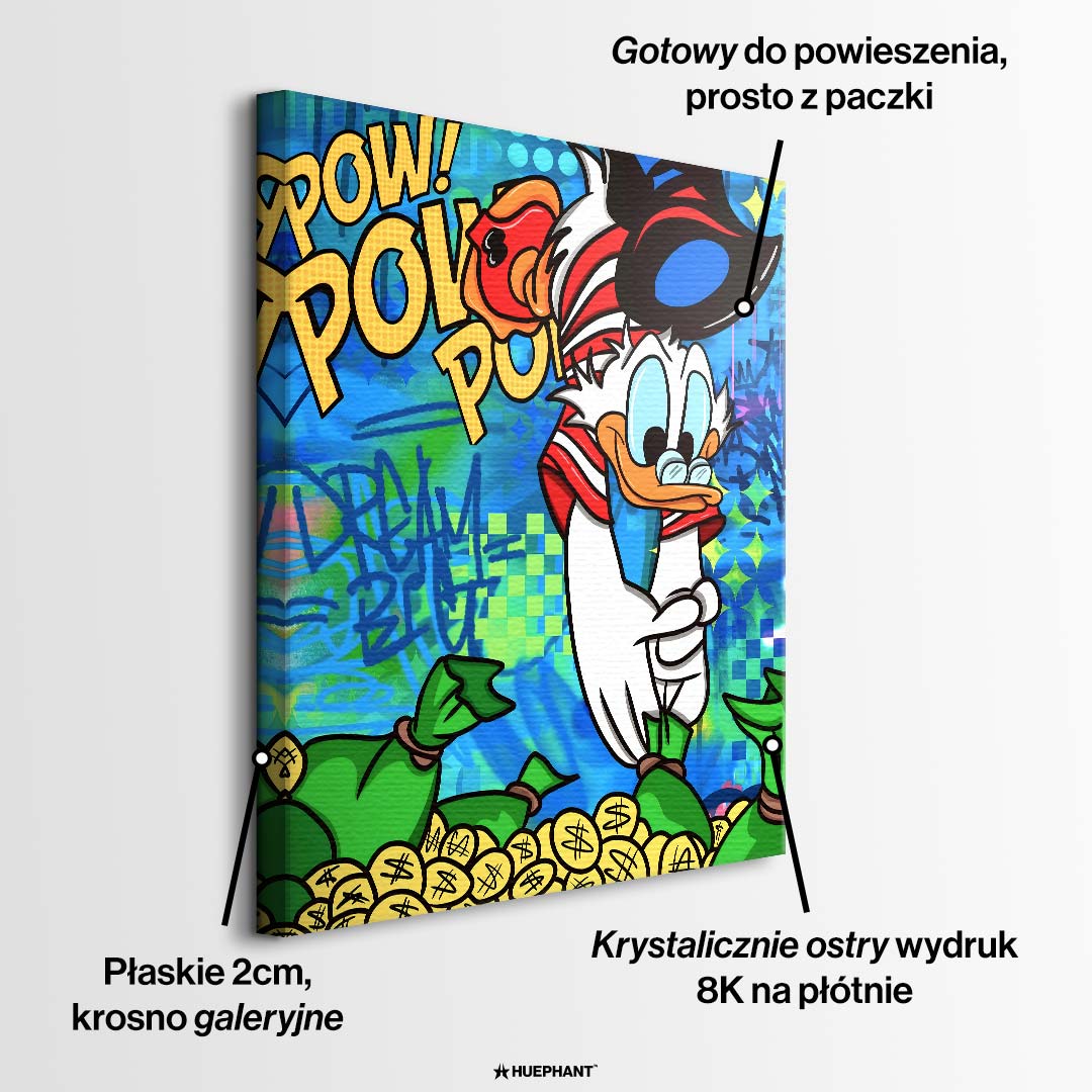 Nowoczesny obraz pop-art na płótnie przedstawiający kaczora skaczącego do złotych monet na tle graffiti z napisem Dream Big. Wydruk galeryjny Huephant.