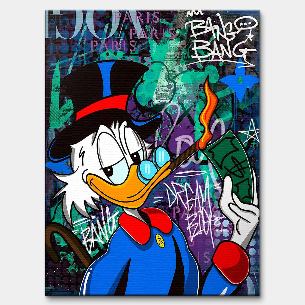 Sztuka nowoczesna pop-art: obraz na płótnie przedstawiający postać kaczora w cylindrze z cygarem na tle graffiti z napisem Dream Big. Wydruk Huephant.