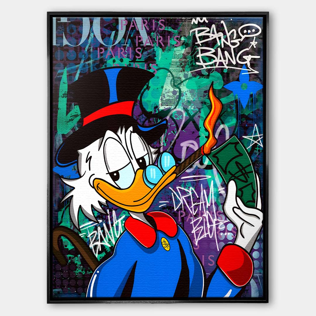 Sztuka nowoczesna pop-art: obraz na płótnie przedstawiający postać kaczora w cylindrze z cygarem na tle graffiti z napisem Dream Big. Wydruk Huephant.