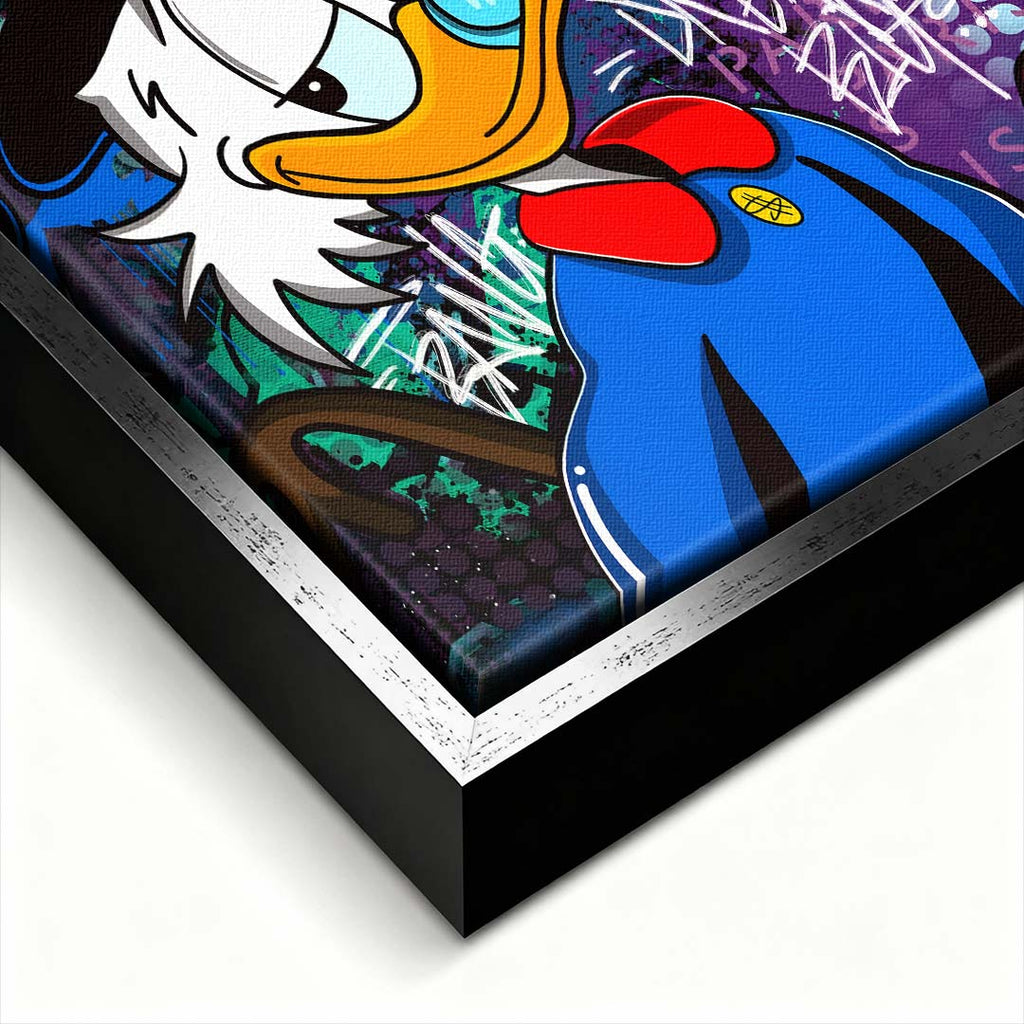 Sztuka nowoczesna pop-art: obraz na płótnie przedstawiający postać kaczora w cylindrze z cygarem na tle graffiti z napisem Dream Big. Wydruk Huephant.