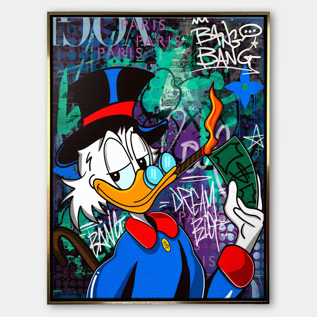 Sztuka nowoczesna pop-art: obraz na płótnie przedstawiający postać kaczora w cylindrze z cygarem na tle graffiti z napisem Dream Big. Wydruk Huephant.
