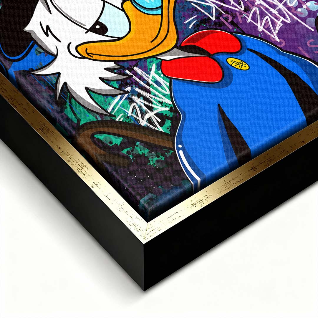 Sztuka nowoczesna pop-art: obraz na płótnie przedstawiający postać kaczora w cylindrze z cygarem na tle graffiti z napisem Dream Big. Wydruk Huephant.