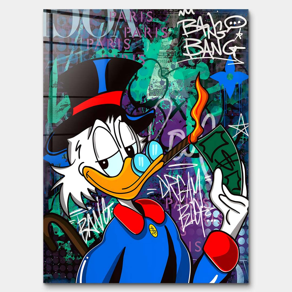 Sztuka nowoczesna pop-art: obraz na szkle akrylowym przedstawiający postać kaczora w cylindrze z cygarem na tle graffiti z napisem Dream Big. Wydruk Huephant.