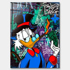 Sztuka nowoczesna pop-art: obraz na szkle akrylowym przedstawiający postać kaczora w cylindrze z cygarem na tle graffiti z napisem Dream Big. Wydruk Huephant.