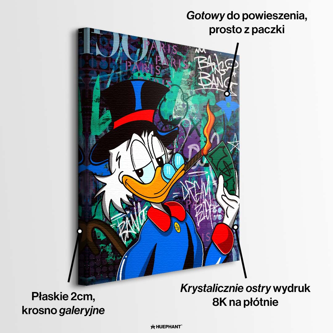 Sztuka nowoczesna pop-art: obraz na płótnie przedstawiający postać kaczora w cylindrze z cygarem na tle graffiti z napisem Dream Big. Wydruk Huephant.