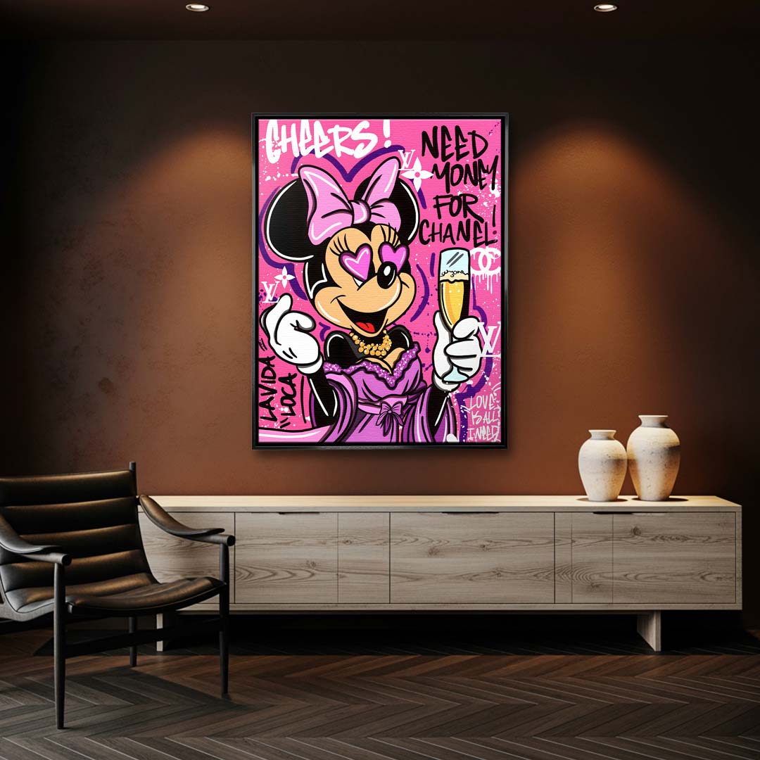 Nowoczesny różowy obraz na płótnie w stylu pop-art z rysunkową myszką trzymającą kieliszek szampana na tle graffiti. Wydruk galeryjny Huephant.