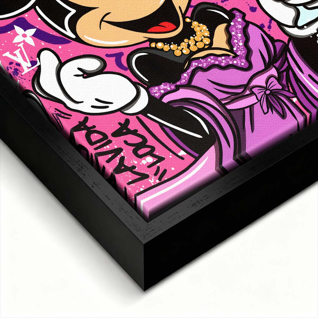 Nowoczesny różowy obraz na płótnie w stylu pop-art z rysunkową myszką trzymającą kieliszek szampana na tle graffiti. Wydruk galeryjny Huephant.