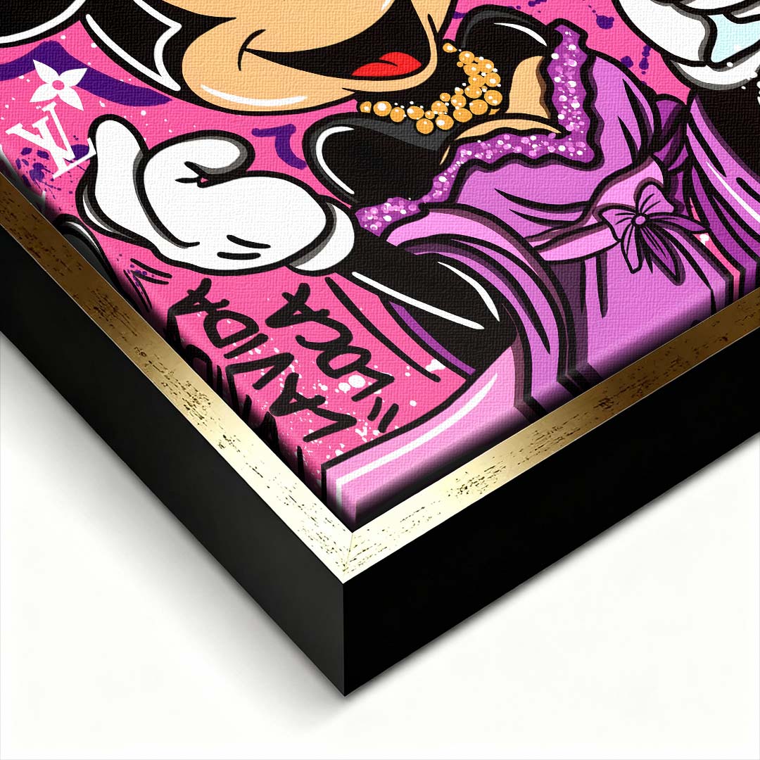 Nowoczesny różowy obraz na płótnie w stylu pop-art z rysunkową myszką trzymającą kieliszek szampana na tle graffiti. Wydruk galeryjny Huephant.
