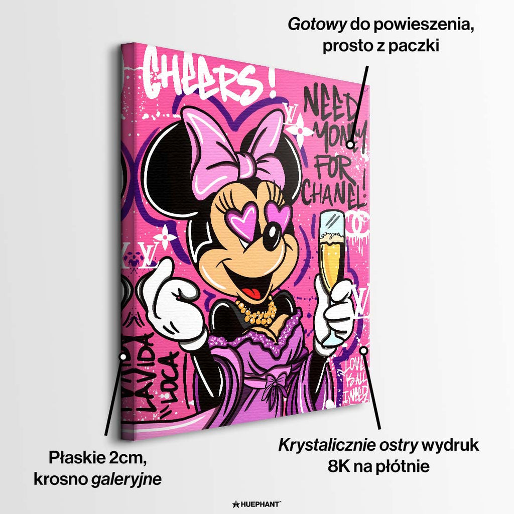 Nowoczesny różowy obraz na płótnie w stylu pop-art z rysunkową myszką trzymającą kieliszek szampana na tle graffiti. Wydruk galeryjny Huephant.