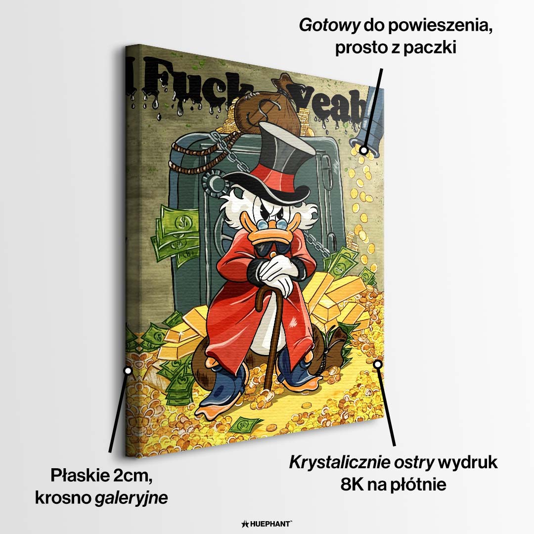 Nowoczesny obraz na płótnie w stylu pop-art. Kaczor w cylindrze i czerwonym płaszczu siedzi na sztabkach złota przed otwartym sejfem. Wydruk galeryjny.