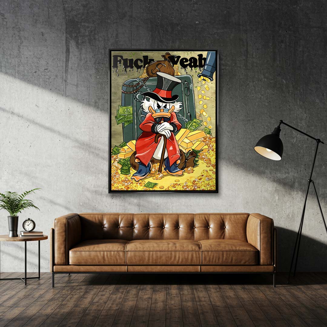 Nowoczesny obraz na płótnie w stylu pop-art. Kaczor w cylindrze i czerwonym płaszczu siedzi na sztabkach złota przed otwartym sejfem. Wydruk galeryjny.