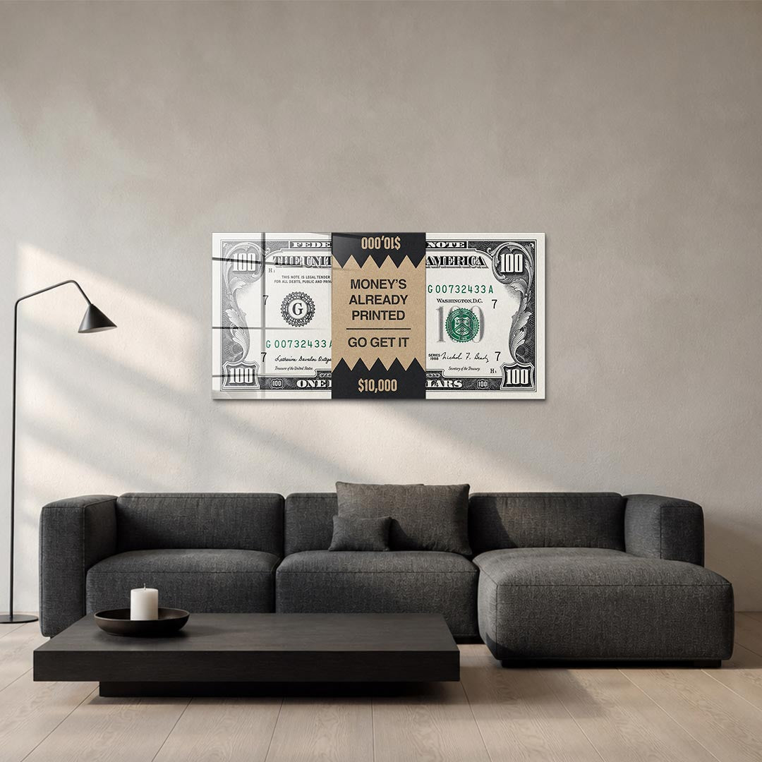 Obraz Money's Already Printed – szkło akrylowe – aranżacja we wnętrzu – Huephant
