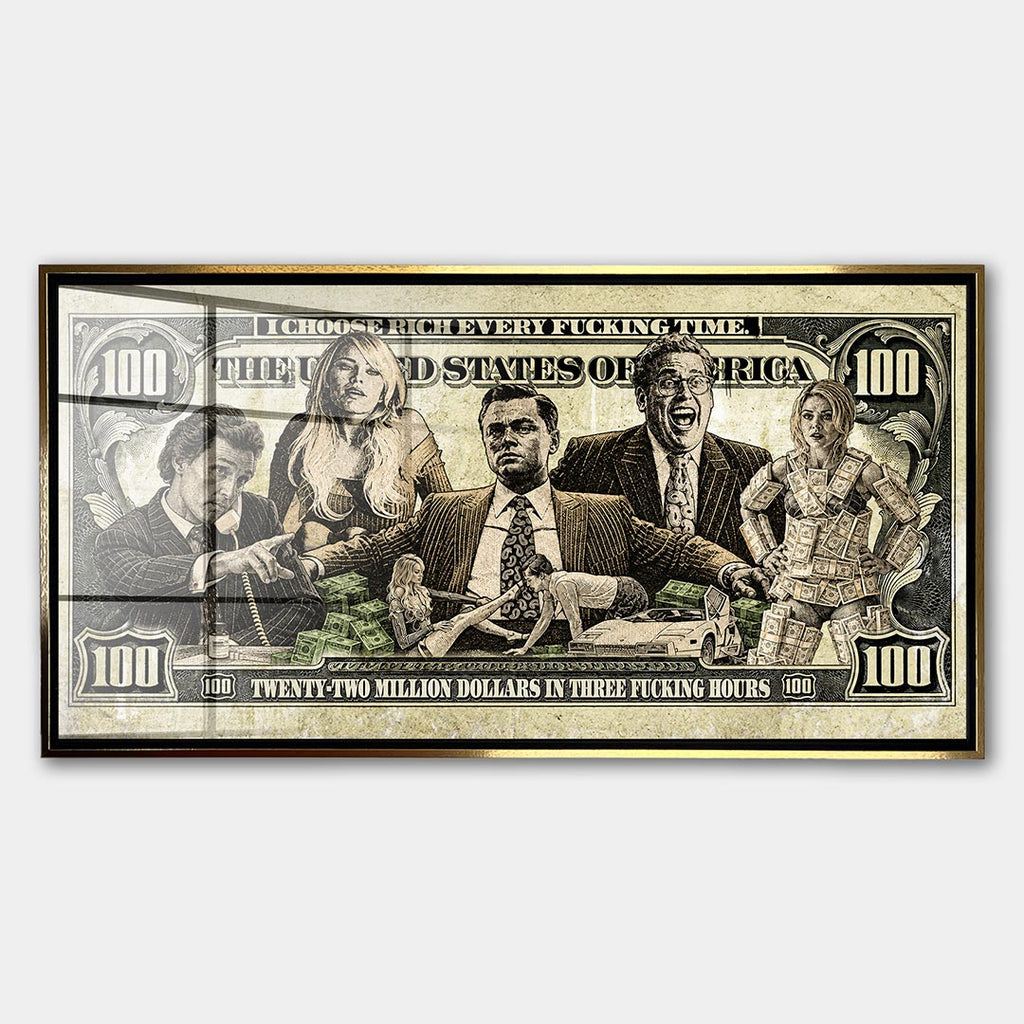 Obraz Money Street – Szkło akrylowe – Złota rama – Huephant