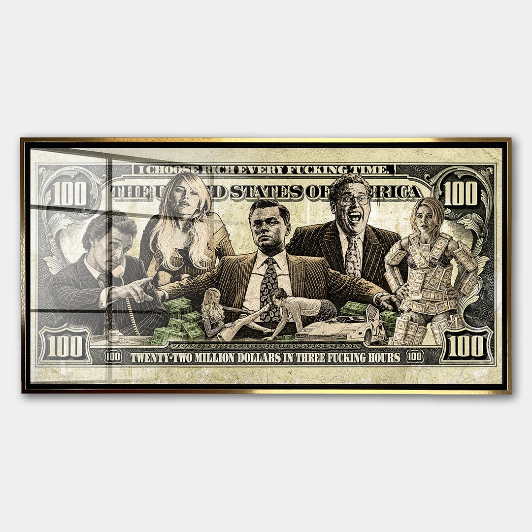 Obraz Money Street – Szkło akrylowe – Złota rama – Huephant