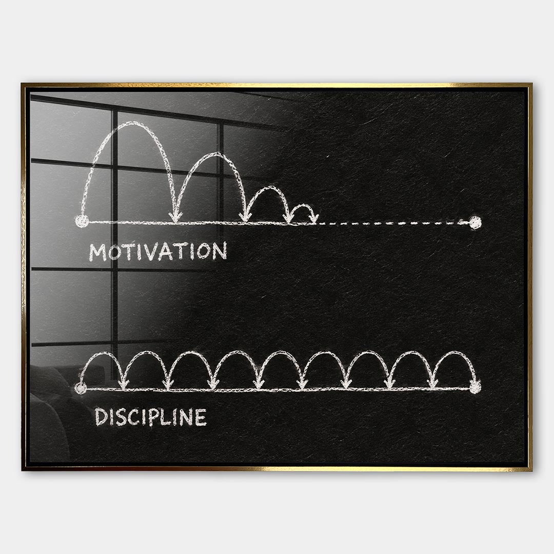 Obraz Motivation vs Discipline – Szkło akrylowe – Złota rama – Huephant