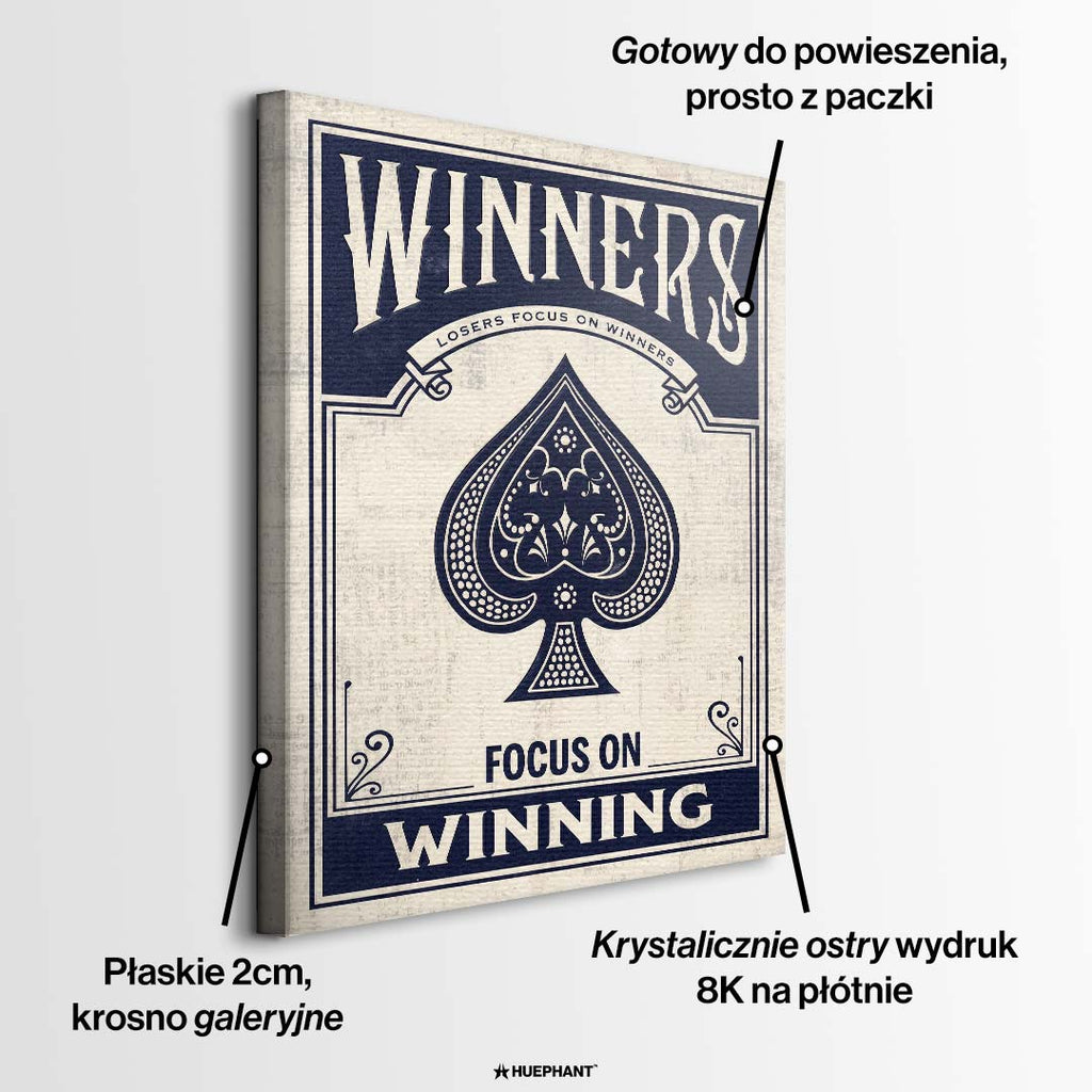 Motywacyjny obraz na płótnie przedstawiający as pik w stylu vintage z napisami Winners Focus On Winning, wydruk galeryjny, sztuka nowoczesna.  