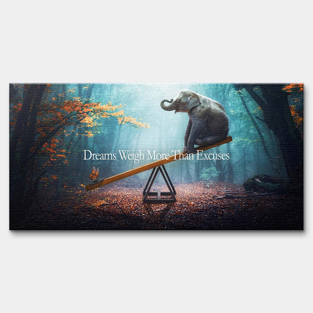Motywacyjny poziomy obraz na płótnie dreams-weigh-more-than-excuses przedstawiający słonia i motyla na huśtawce w jesiennym lesie, wydruk galeryjny.