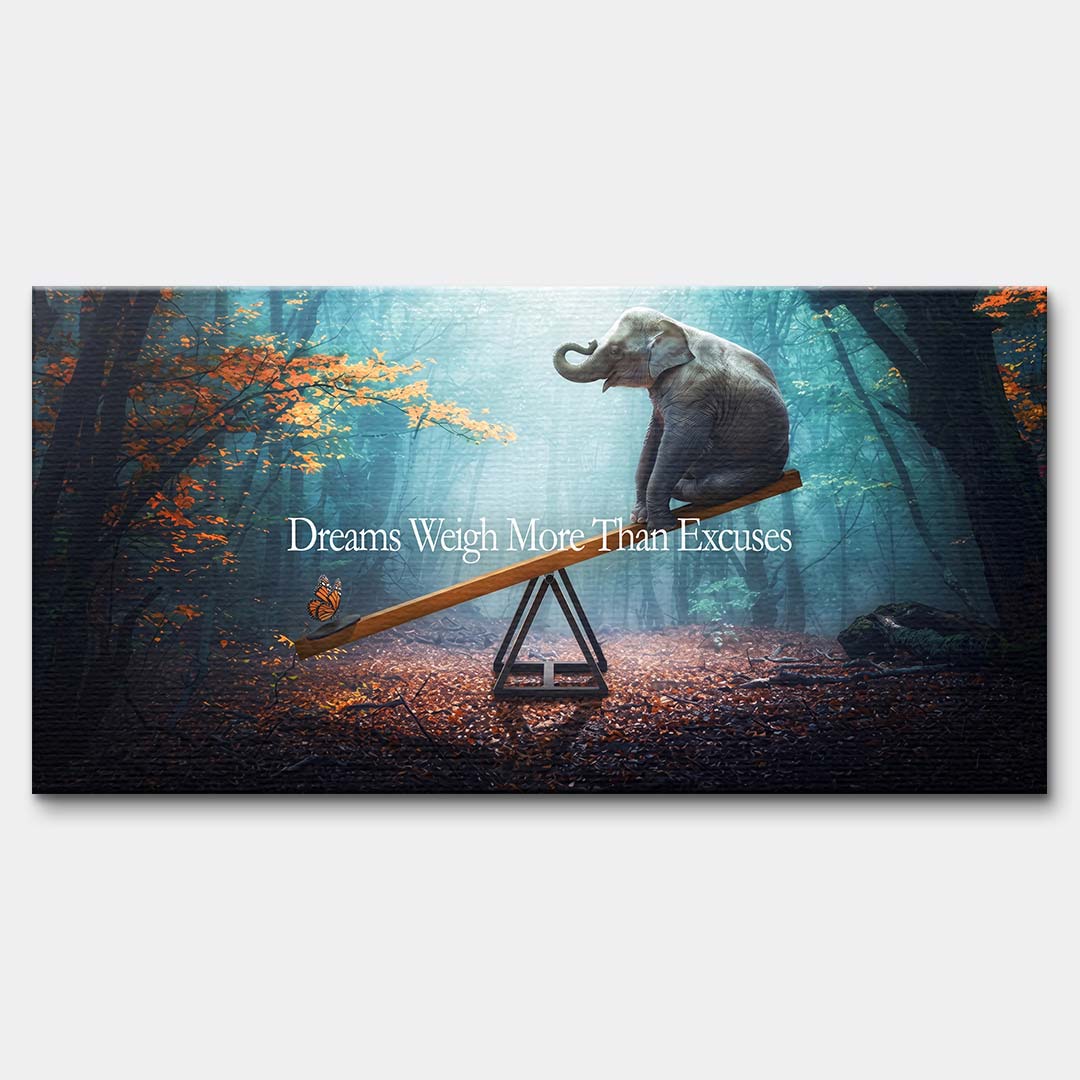 Motywacyjny poziomy obraz na płótnie dreams-weigh-more-than-excuses przedstawiający słonia i motyla na huśtawce w jesiennym lesie, wydruk galeryjny.