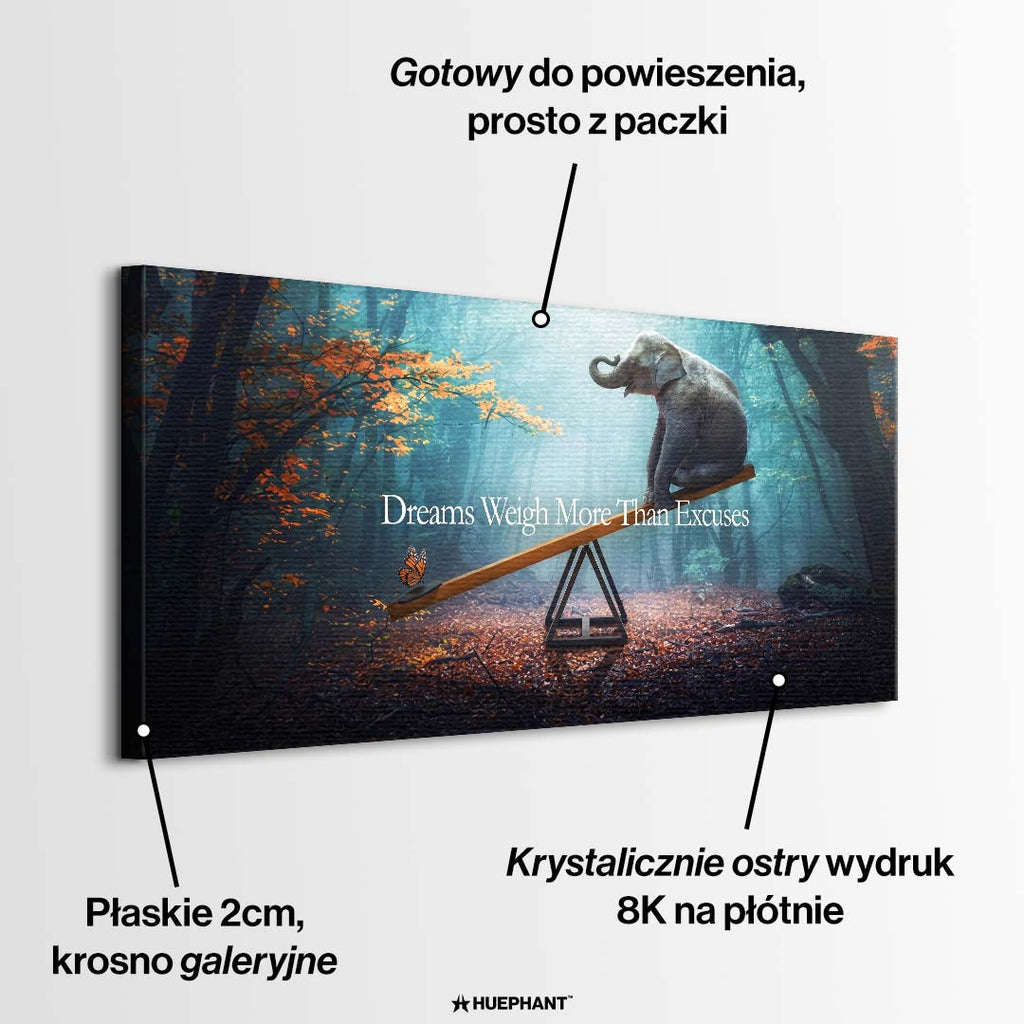 Motywacyjny poziomy obraz na płótnie dreams-weigh-more-than-excuses przedstawiający słonia i motyla na huśtawce w jesiennym lesie, wydruk galeryjny.