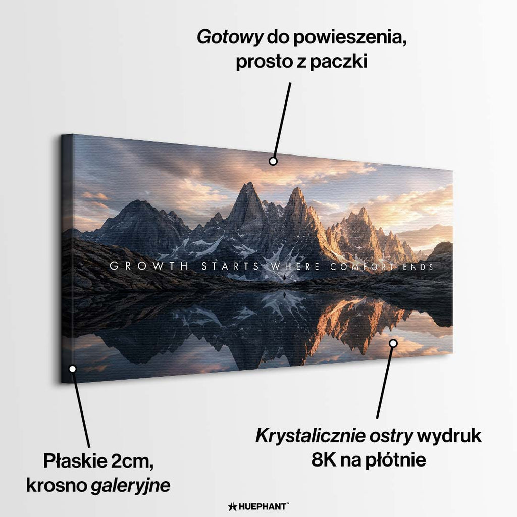 Nowoczesny obraz motywacyjny na płótnie przedstawiający surowe szczyty górskie z napisem Growth starts where comfort ends. Wydruk galeryjny Huephant.