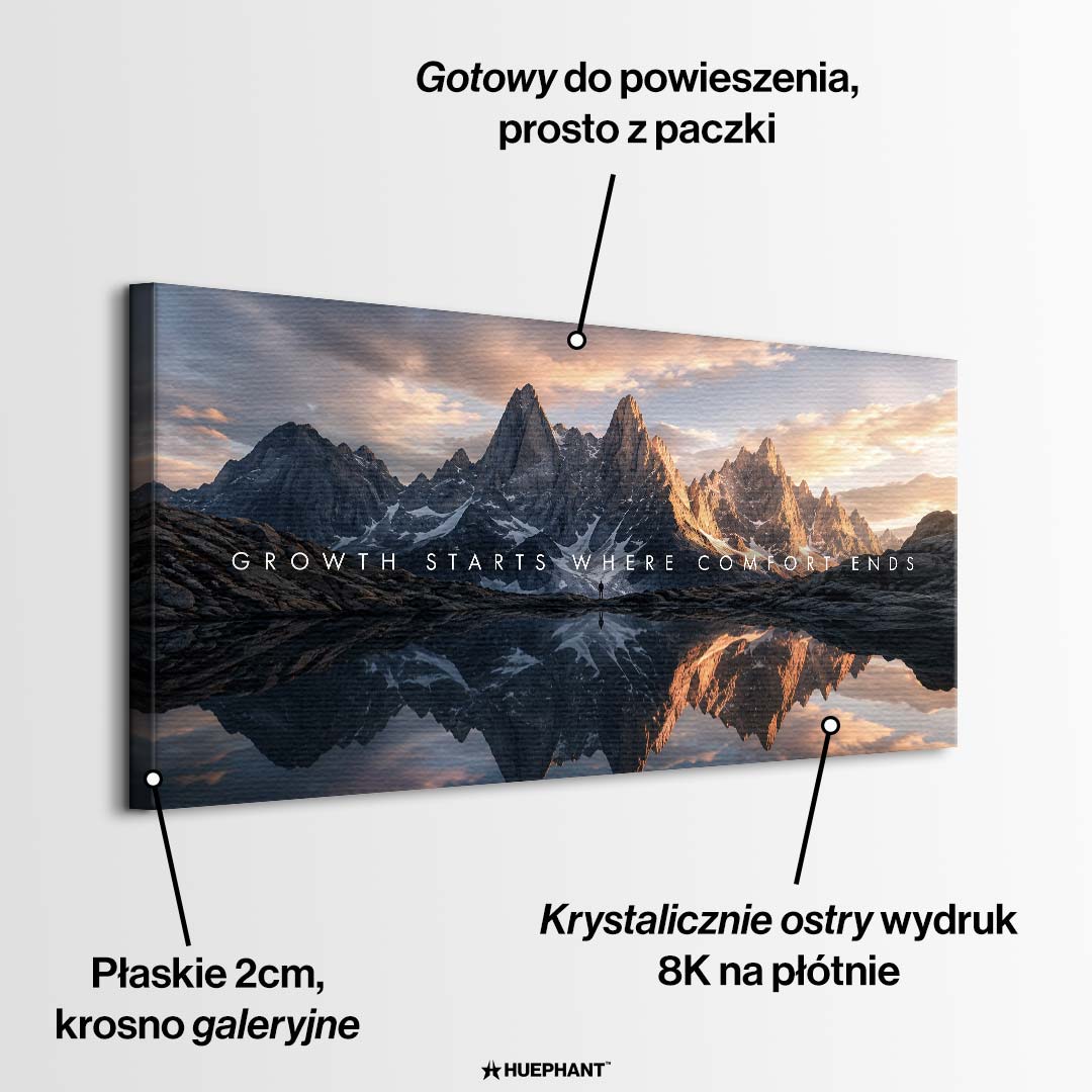 Nowoczesny obraz motywacyjny na płótnie przedstawiający surowe szczyty górskie z napisem Growth starts where comfort ends. Wydruk galeryjny Huephant.