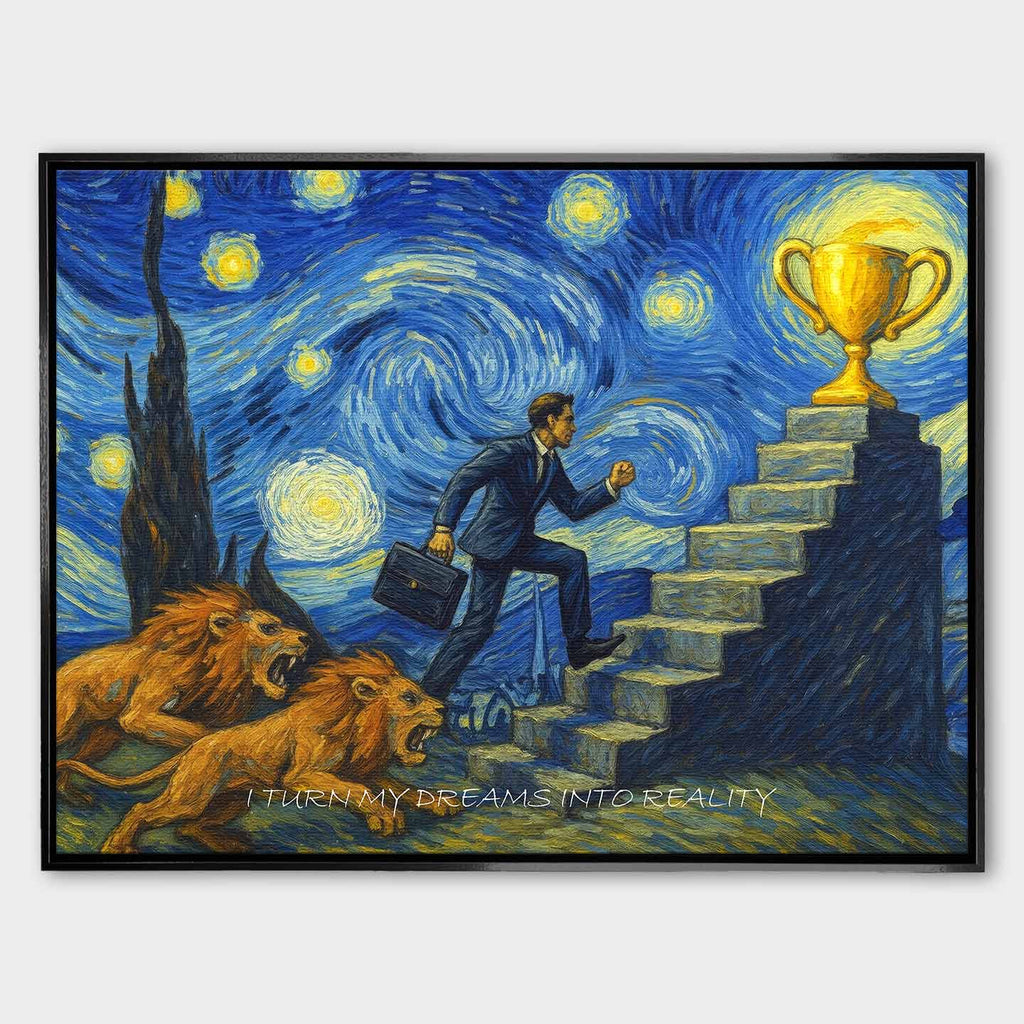 Motywacyjny obraz w stylu Van Gogha przedstawiający mężczyznę w garniturze wspinającego się po schodach ku złotemu pucharowi, ściganego przez lwy, z napisem „I turn my dreams into reality”.