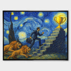 Motywacyjny obraz w stylu Van Gogha przedstawiający mężczyznę w garniturze wspinającego się po schodach ku złotemu pucharowi, ściganego przez lwy, z napisem „I turn my dreams into reality”.