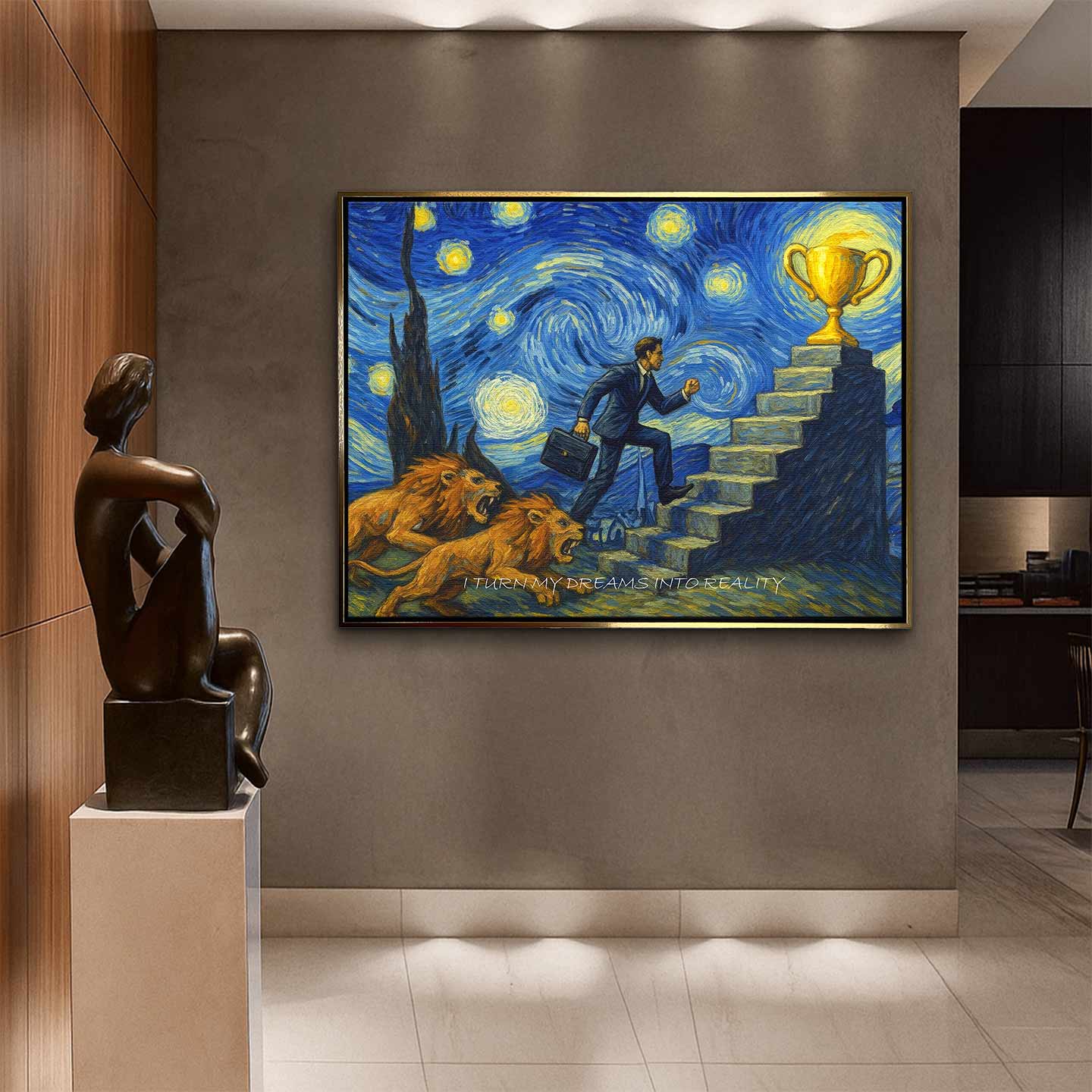 Motywacyjny obraz w stylu Van Gogha przedstawiający mężczyznę w garniturze wspinającego się po schodach ku złotemu pucharowi, ściganego przez lwy, z napisem „I turn my dreams into reality”.