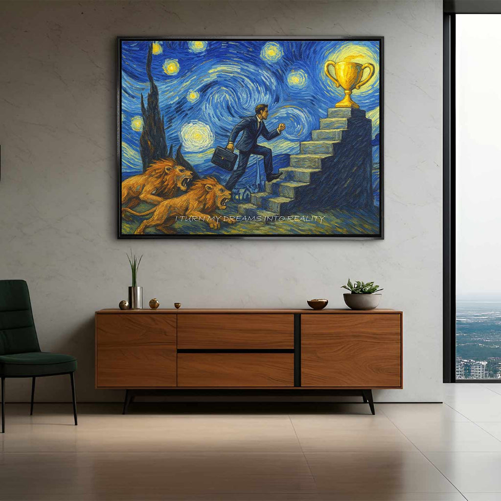 Motywacyjny obraz w stylu Van Gogha przedstawiający mężczyznę w garniturze wspinającego się po schodach ku złotemu pucharowi, ściganego przez lwy, z napisem „I turn my dreams into reality”.