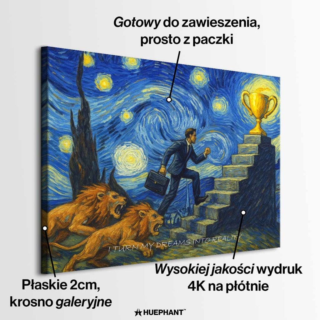 Motywacyjny obraz w stylu Van Gogha przedstawiający mężczyznę w garniturze wspinającego się po schodach ku złotemu pucharowi, ściganego przez lwy, z napisem „I turn my dreams into reality”.