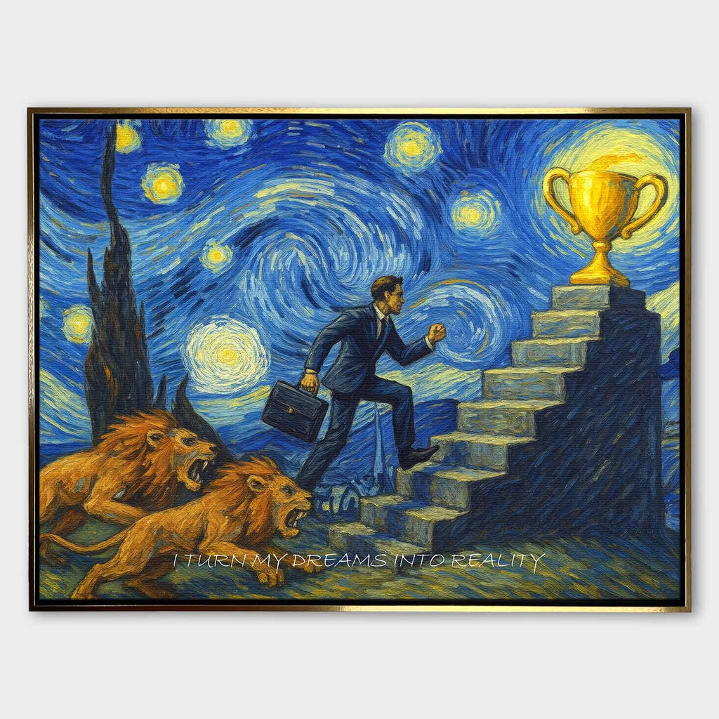 Motywacyjny obraz w stylu Van Gogha przedstawiający mężczyznę w garniturze wspinającego się po schodach ku złotemu pucharowi, ściganego przez lwy, z napisem „I turn my dreams into reality”.