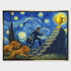 Motywacyjny obraz w stylu Van Gogha przedstawiający mężczyznę w garniturze wspinającego się po schodach ku złotemu pucharowi, ściganego przez lwy, z napisem „I turn my dreams into reality”.