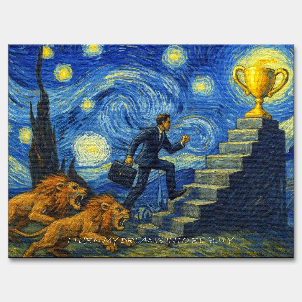 Motywacyjny obraz w stylu Van Gogha przedstawiający mężczyznę w garniturze wspinającego się po schodach ku złotemu pucharowi, ściganego przez lwy, z napisem „I turn my dreams into reality”.