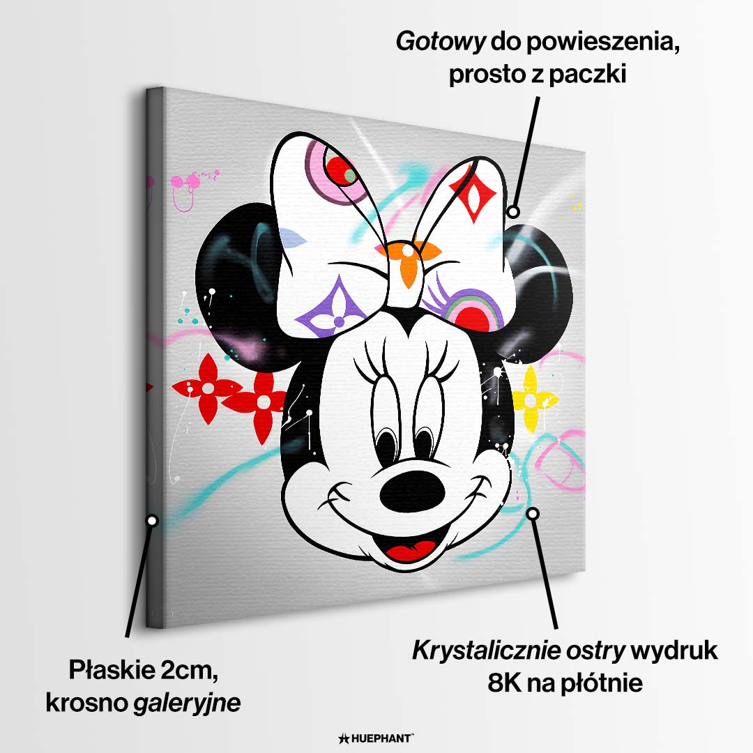 Kolorowy obraz na płótnie Happy Face z uśmiechniętą myszką i kokardą, wydruk galeryjny w stylu pop-art do pokoju dziecka.