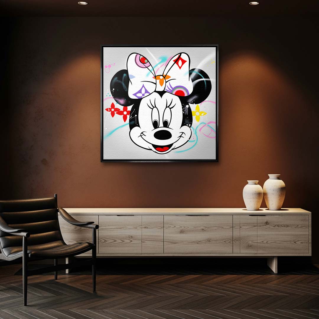 Kolorowy obraz na płótnie Happy Face z uśmiechniętą myszką i kokardą, wydruk galeryjny w stylu pop-art do pokoju dziecka.