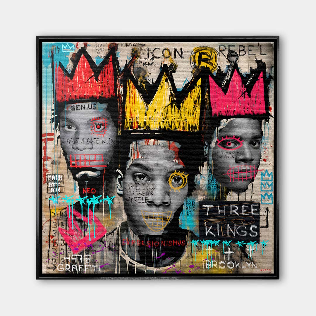 Obraz na płótnie 3 Kings w stylu neoekspresjonizmu i graffiti z motywem Basquiata i koronami. Wydruk galeryjny nowoczesny, sztuka uliczna.