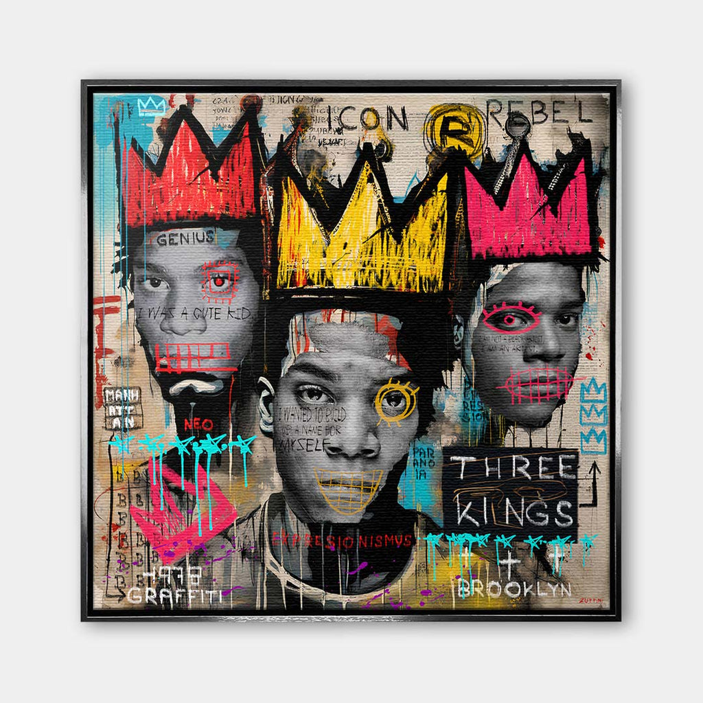 Obraz na płótnie 3 Kings w stylu neoekspresjonizmu i graffiti z motywem Basquiata i koronami. Wydruk galeryjny nowoczesny, sztuka uliczna.