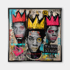Obraz na płótnie 3 Kings w stylu neoekspresjonizmu i graffiti z motywem Basquiata i koronami. Wydruk galeryjny nowoczesny, sztuka uliczna.