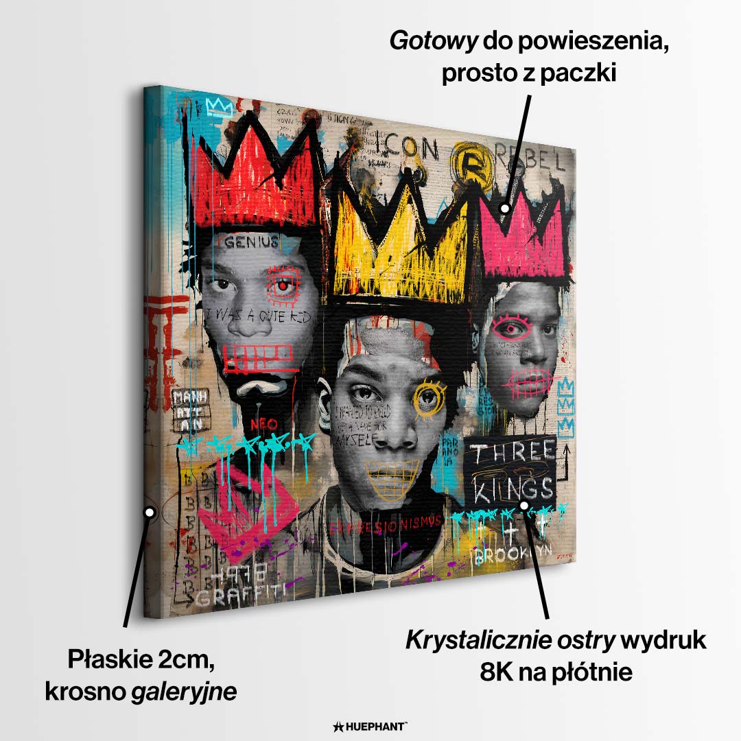 Obraz na płótnie 3 Kings w stylu neoekspresjonizmu i graffiti z motywem Basquiata i koronami. Wydruk galeryjny nowoczesny, sztuka uliczna.