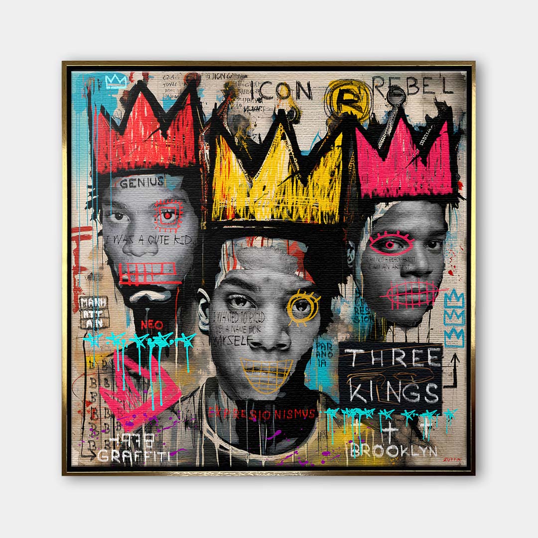 Obraz na płótnie 3 Kings w stylu neoekspresjonizmu i graffiti z motywem Basquiata i koronami. Wydruk galeryjny nowoczesny, sztuka uliczna.