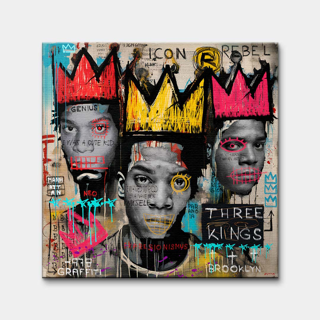 Obraz na płótnie 3 Kings w stylu neoekspresjonizmu i graffiti z motywem Basquiata i koronami. Wydruk galeryjny nowoczesny, sztuka uliczna.