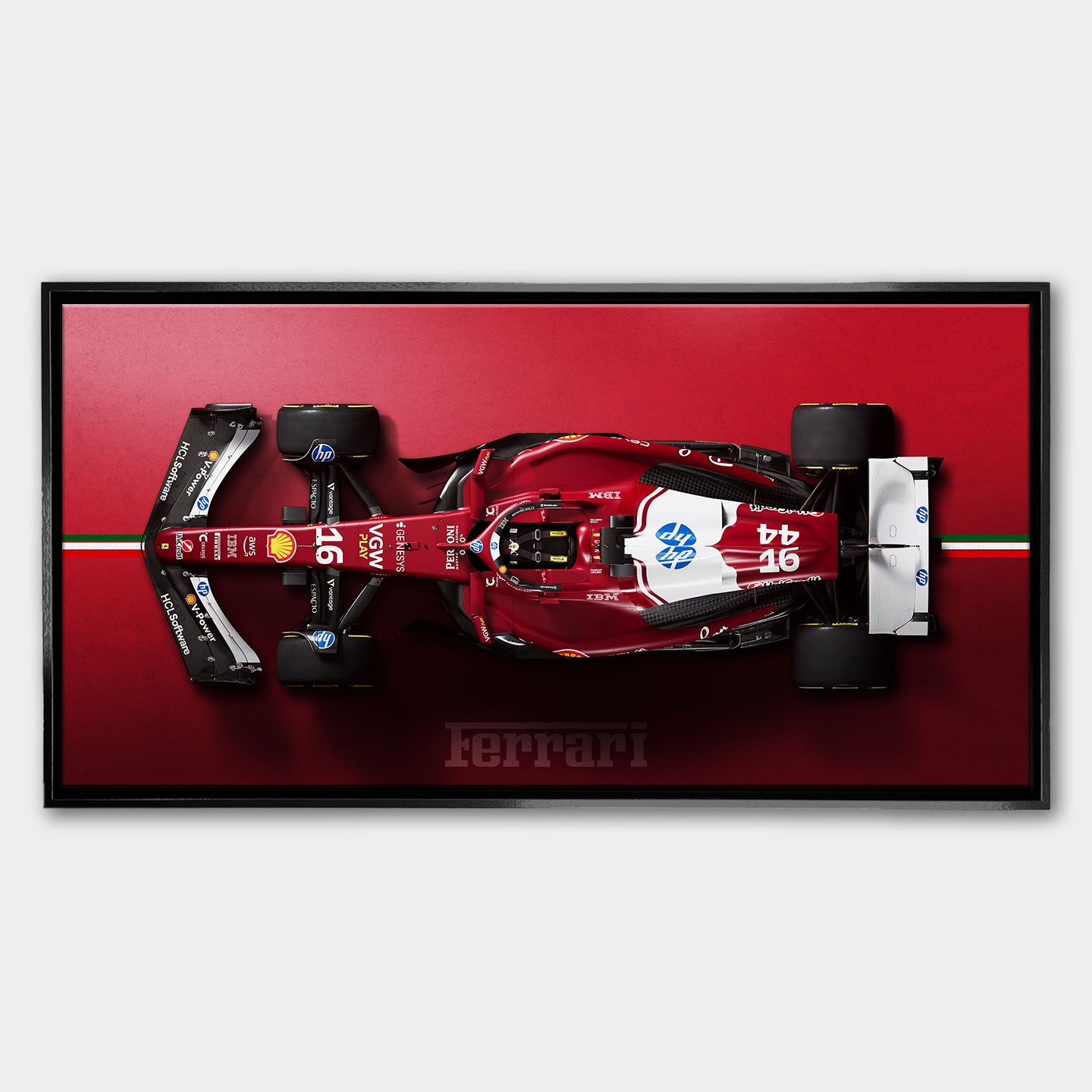 Obraz na płótnie F1 Ferrari – czerwony bolid Formuły 1 z widoku z góry, symbol luksusu, prędkości i determinacji, idealny do wnętrz pełnych energii.