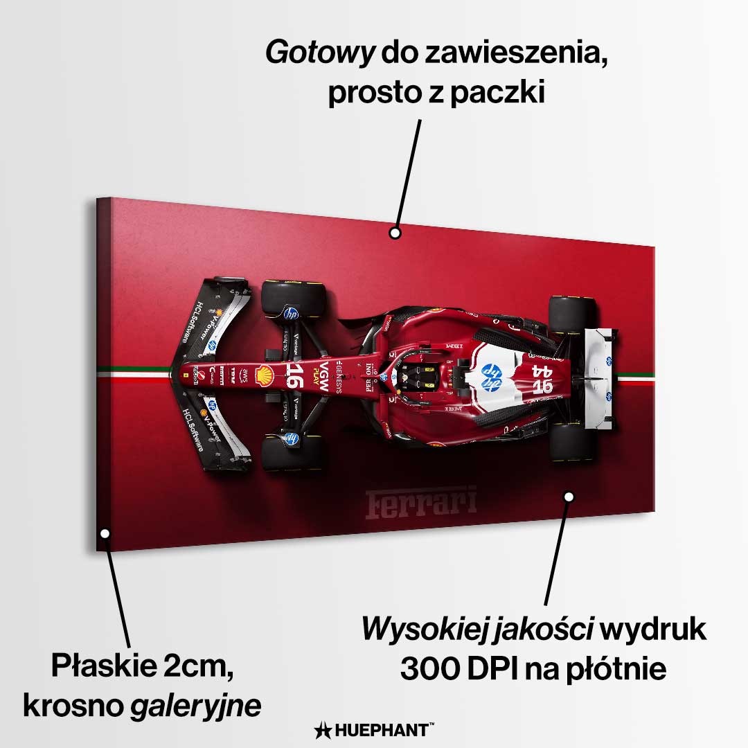 Obraz na płótnie F1 Ferrari – czerwony bolid Formuły 1 z widoku z góry, symbol luksusu, prędkości i determinacji, idealny do wnętrz pełnych energii.