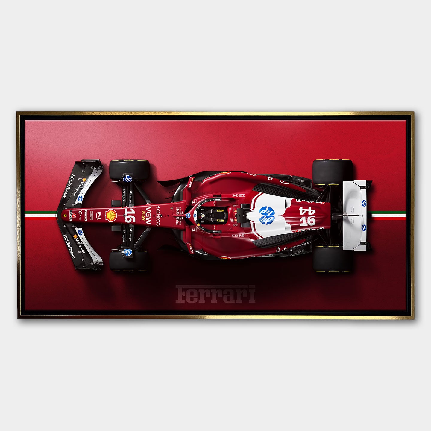 Obraz na płótnie F1 Ferrari – czerwony bolid Formuły 1 z widoku z góry, symbol luksusu, prędkości i determinacji, idealny do wnętrz pełnych energii.
