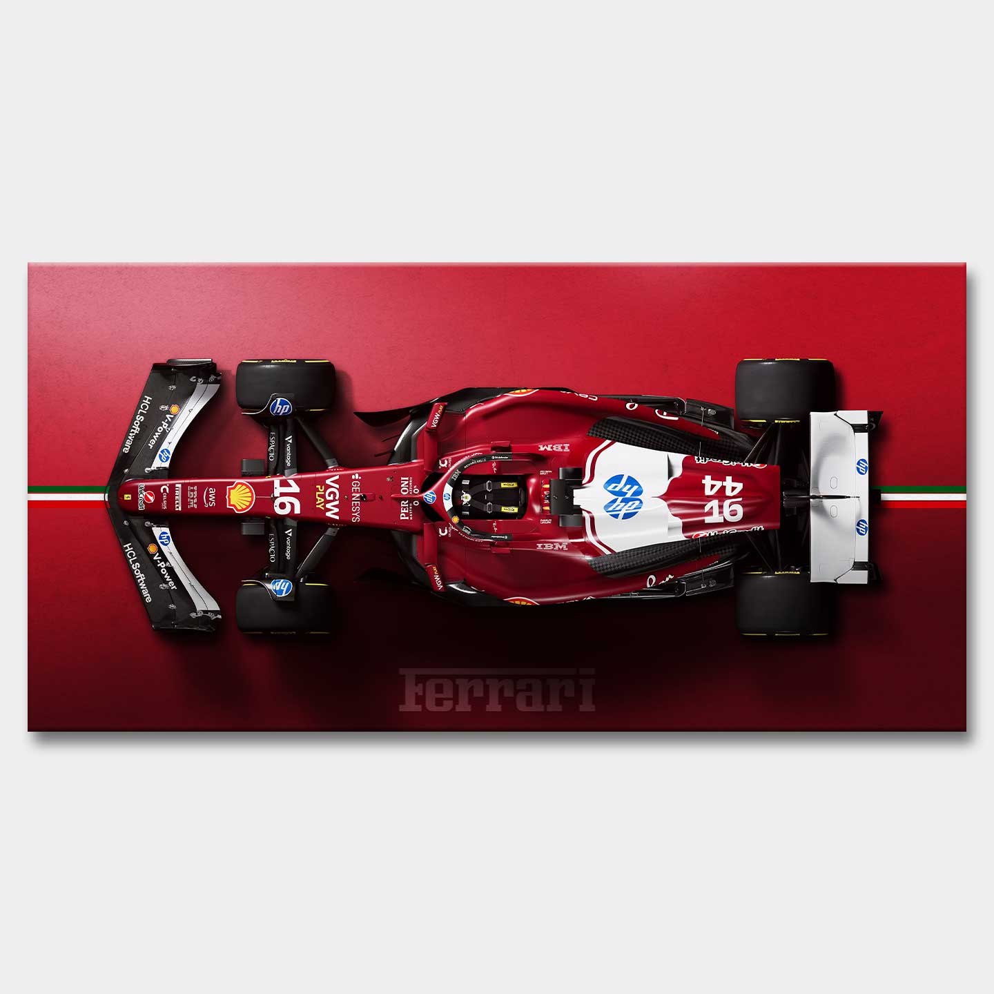 Obraz na płótnie F1 Ferrari – czerwony bolid Formuły 1 z widoku z góry, symbol luksusu, prędkości i determinacji, idealny do wnętrz pełnych energii.