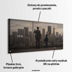 Motywacyjny obraz na płótnie przedstawiający ojca i syna patrzących na panoramę miasta przez siatkę z napisem Tell Me I Can't. Wydruk galeryjny Huephant.