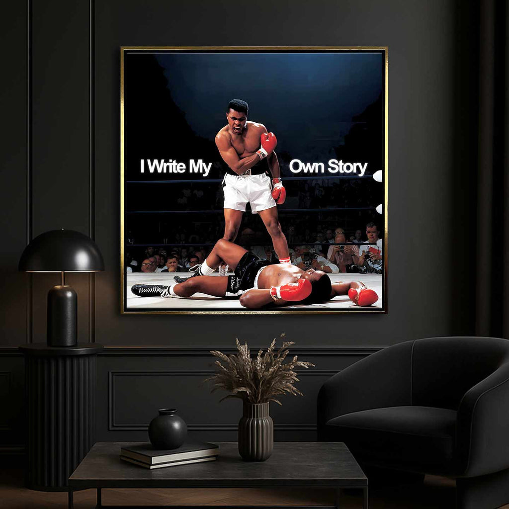 Obraz na płótnie Muhammad Ali „I Write My Own Story”. Muhammad Ali stojący nad pokonanym rywalem w ringu – symbol siły, odwagi i determinacji.