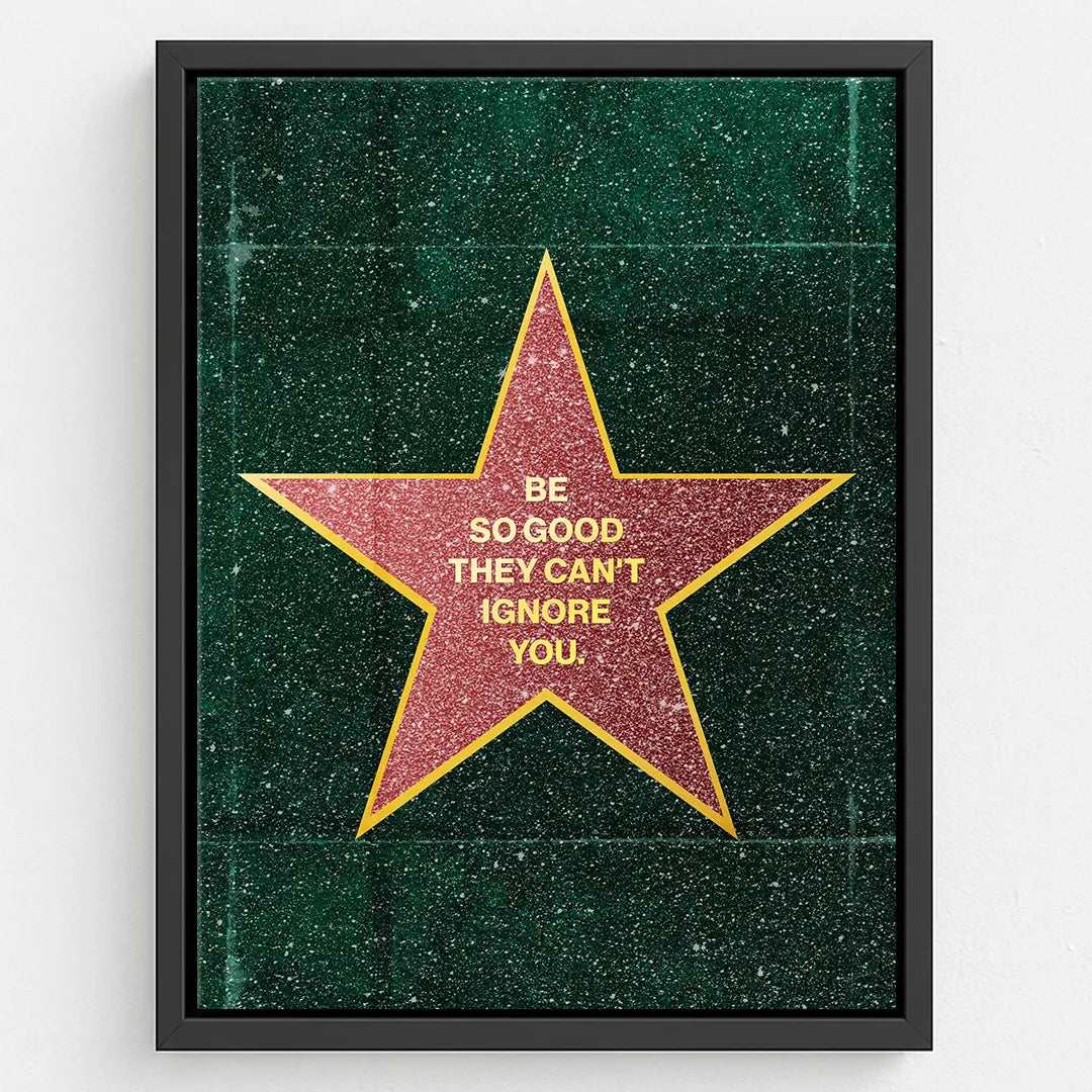 Obraz motywacyjny na płótnie z gwiazdą i napisem „Be so good they can’t ignore you”, idealny do biura lub nowoczesnego wnętrza
