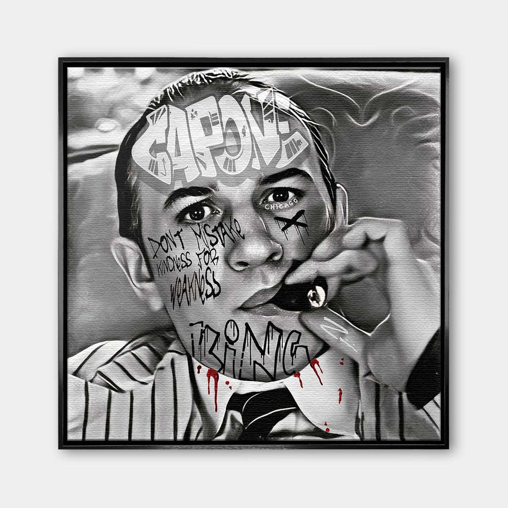 Czarno-biały obraz na płótnie z Al Capone palącym cygaro, ozdobiony napisami graffiti. Nowoczesny wydruk galeryjny w stylu gangsterskim.