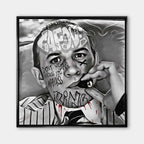 Czarno-biały obraz na płótnie z Al Capone palącym cygaro, ozdobiony napisami graffiti. Nowoczesny wydruk galeryjny w stylu gangsterskim.